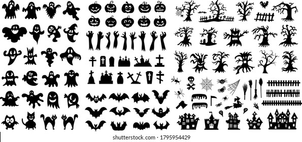 Set of Halloween silhouette icons on a white background. Vector illustration	