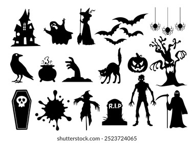 Set of Halloween silhouette icons on a white background. Vector illustration