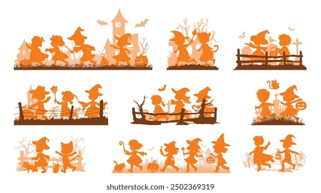 Set of halloween silhouette illustration on white background.Happy trick or treat halloween party.