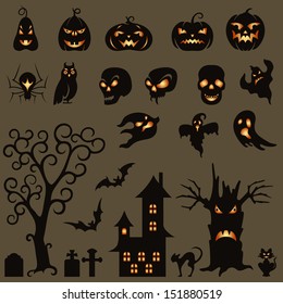 Set of halloween silhouette on gray background