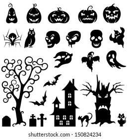 Set of halloween silhouette on white background