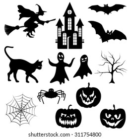 Set of halloween silhouette on white background