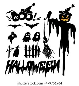 Set of halloween silhouette on white background, scarecrow with scary jack o lantern.
