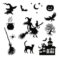 Set Of Halloween Silhouette Vector Illustration For Design, Greeting Card, Invitation, Banner.