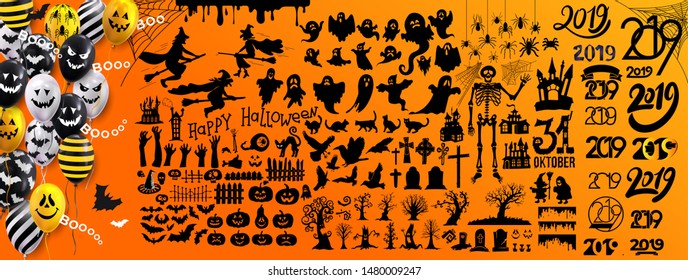 Set of halloween silhouettes 2019 black icon and character. Vector illustration. Isolated on yellow background.