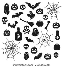 Set of Halloween silhouettes. 30 black icons