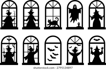 Set of Halloween Silhouettes in Arched Window Frames Featuring Witches, Ghosts, Cats, and Bats, vector, illustration, silhouette.