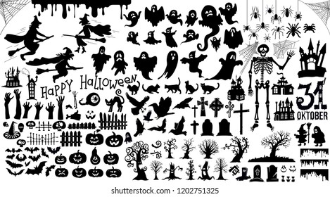 Set of halloween silhouettes black icon and character. Vector illustration. Isolated on white background.