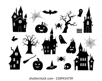 Set of Halloween silhouettes black icon on white background. Pumpkins vector illustration. 
