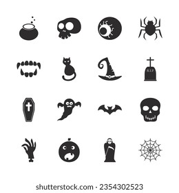 Set of halloween silhouettes black icon and character. Vector illustration. Isolated on white background.