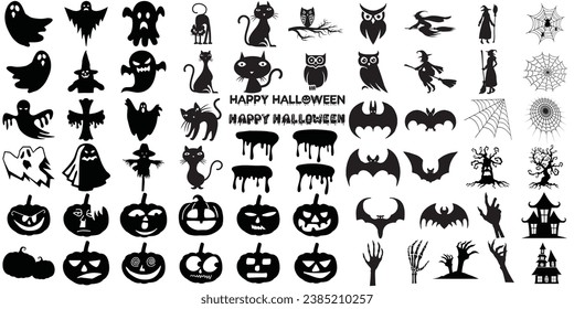 Set von halloween silhouettes schwarzes Symbol und Charakter. Kollektion von Halloween Silhouetten .Vektorgrafik. Einzeln auf weißem Hintergrund.