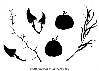 Set of Halloween silhouettes, black icon and character. Design of pumpkin, cemetery and spooky elements for Halloween decoration, sketch, badge, sticker. Drawing vector isolated background..