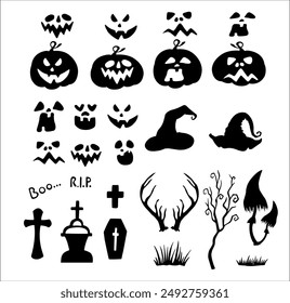 Set of Halloween silhouettes, black icon and character. Design of pumpkin, cemetery and spooky elements for Halloween decoration, sketch, badge, sticker. Drawing vector isolated background..