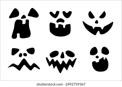 Set of Halloween silhouettes, black icon and character. Design of pumpkin, cemetery and spooky elements for Halloween decoration, sketch, badge, sticker. Drawing vector isolated background..