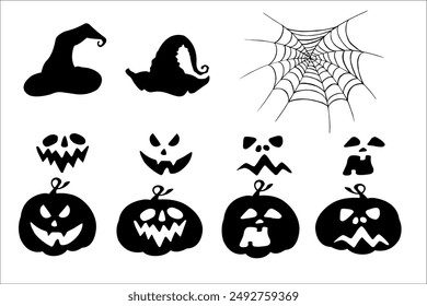 Set of Halloween silhouettes, black icon and character. Design of pumpkin, cemetery and spooky elements for Halloween decoration, sketch, badge, sticker. Drawing vector isolated background..