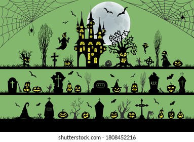 Set of halloween silhouettes black icons and characters. Vector illustration. Isolated on a green background.