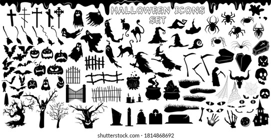 Set of Halloween silhouettes. Black icons isolated on white background.