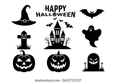 Set of halloween silhouettes black icons and character
