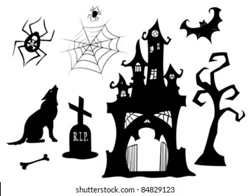 Set of halloween silhouettes. Black isolated on white. Vector illustration.