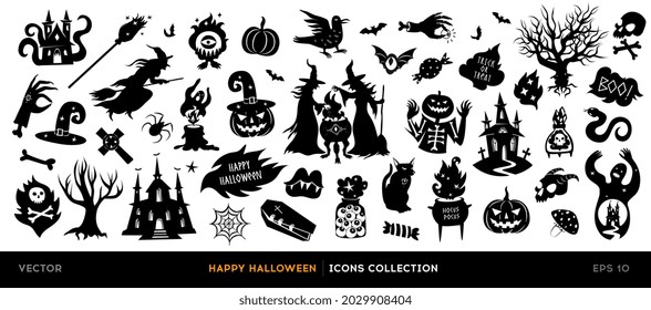 Set of halloween silhouettes. Collection of vector halloween icon and character isolated on a white background.