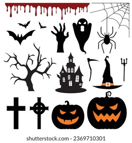 Conjunto de siluetas de Halloween. Diseño de elementos fantasmas, espeluznantes y espeluznantes para decoraciones, boceto, icono, pegatina. Ilustración del vector aterrador.