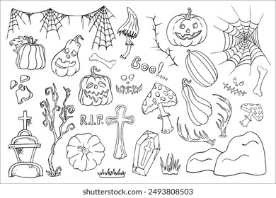Set of Halloween silhouettes, doodle, character graphics. Design of pumpkin, cemetery and spooky elements for Halloween decoration, sketch, badge, sticker. Vector drawing.