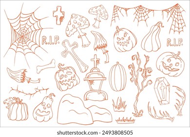 Set of Halloween silhouettes, doodle, character graphics. Design of pumpkin, cemetery and spooky elements for Halloween decoration, sketch, badge, sticker. Vector drawing.