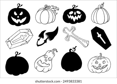 Set of Halloween silhouettes, doodle, character graphics. Design of pumpkin, cemetery and spooky elements for Halloween decoration, sketch, badge, sticker. Vector drawing.
