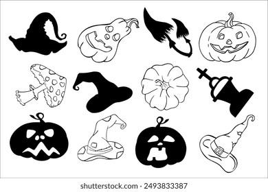 Set of Halloween silhouettes, doodle, character graphics. Design of pumpkin, cemetery and spooky elements for Halloween decoration, sketch, badge, sticker. Vector drawing.