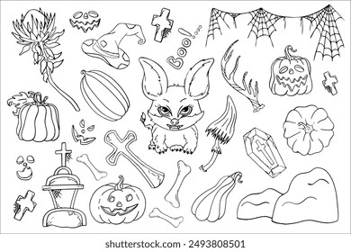 Set von Halloween-Silhouetten, Doodle, Grafik Charakter Monster, Fledermaus, Imp. Design von Kürbis, Friedhof und gruselige Elemente für Halloween Dekoration, Skizze, Abzeichen, Aufkleber. Vektorgrafik zeichnen.