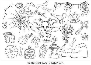 Set von Halloween-Silhouetten, Doodle, Grafik Charakter Monster, Fledermaus, Imp. Design von Kürbis, Friedhof und gruselige Elemente für Halloween Dekoration, Skizze, Abzeichen, Aufkleber. Vektorgrafik zeichnen.