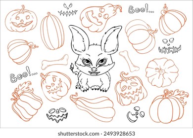 Set von Halloween-Silhouetten, Doodle, Grafik Charakter Monster, Fledermaus, Imp. Design von Kürbis, Friedhof und gruselige Elemente für Halloween Dekoration, Skizze, Abzeichen, Aufkleber. Vektorgrafik zeichnen.