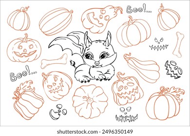 Set von Halloween Silhouetten, Doodle, Grafik Charakter Monster, Fledermaus, Imp. Design von Kürbis, Friedhof und gespenstischen Elementen für Halloween Dekoration, Skizze, Abzeichen, Aufkleber. Vektorgrafik.