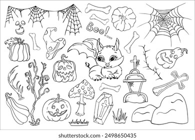 Set von Halloween Silhouetten, Doodle, Grafik Charakter Monster, Fledermaus, Imp. Design von Kürbis, Friedhof und gespenstischen Elementen für Halloween Dekoration, Skizze, Abzeichen, Aufkleber. Vektorgrafik.