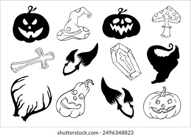 Set of Halloween silhouettes, doodles, character graphics. Design of pumpkin, cemetery, coffin and spooky elements for Halloween decoration, sketch of sorcerer's hat, badge, sticker. Vector drawing.