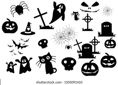 Set of halloween silhouettes icon and character tomp, pumpkins, ghost and spooky, elements for halloween decorations. Halloween design logo, objects, icon, sticker. Hand drawn vector illustration.