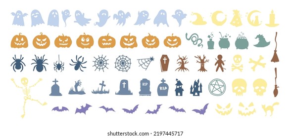 Set of Halloween silhouettes icon and character. Collection of pastel colored silhouettes of Halloween isolated on white background. Vector illustrations - pumpkins, ghosts and magic elements.