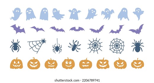 Set of Halloween silhouettes icon and character. Collection of pastel colored silhouettes of Halloween isolated on white background. Vector illustrations - pumpkins, ghosts, bats and spiders, cobwebs.