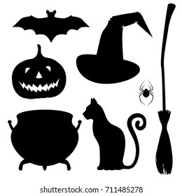 Set of halloween silhouettes Jack-O-Lantern pumpkin, bat, pointed hat, cat, boiler, broom and spider.