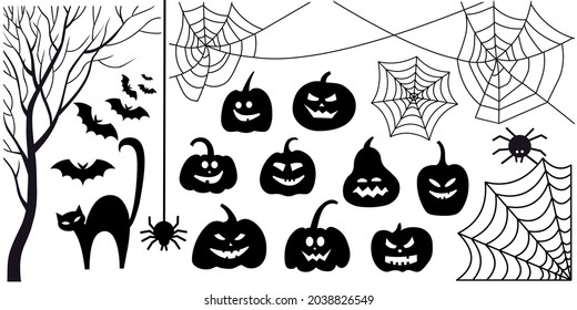 Set of Halloween silhouettes on a white background. The collection includes pumpkins, jack lantern, spiders and cobwebs, cat, bats, tree without leaves. Vector image in black color, isolated.