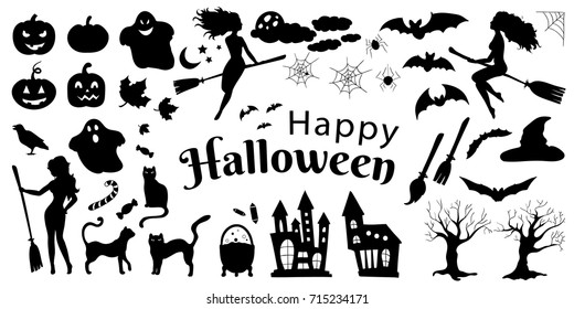 Set of Halloween Silhouettes on white background. Vector illustration.	