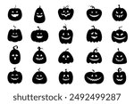 Set of Halloween silhouettes of pumpkins with faces. Black and white vector illustration.