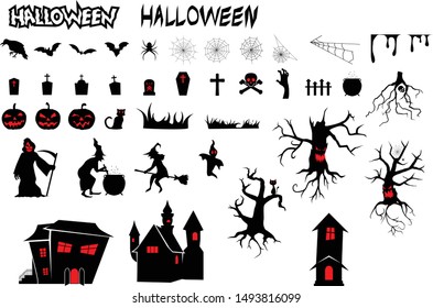 Set of Halloween silhouettes with red second color