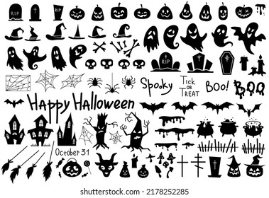 Set of Halloween silhouettes. Sinister pumpkins, ghosts, tombstones, spiders and bats, skulls and candles. Witches brooms, cauldrons, hats. Cartoon flat vector collection isolated on white background