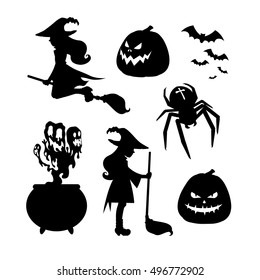 Set of Halloween silhouettes. A witch with a broom, witch flying on a broom, evil pumpkin, cauldron potion, flock of bats, spider with a cross.