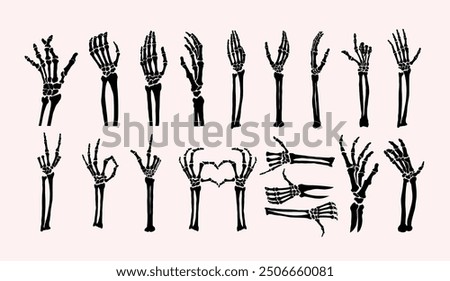 Set for Halloween, skeleton hand gesture icons. Human skeleton hand gestures OK or thumb up, pointing finger, victory V sign, finger bones with peace sign, love. Vector Halloween holiday silhouettes.