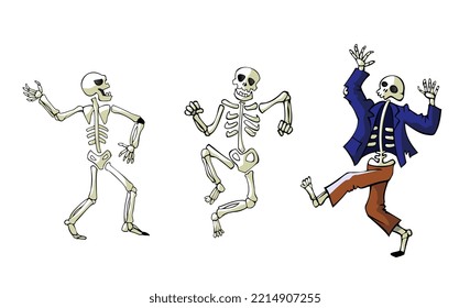 Set of Halloween skeletons dancing. Halloween party. Funny illustration. Spooky scarry. Banner, design element. Vector illustration.