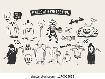 Set of halloween sketch doodle cartoon character. 