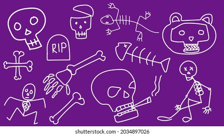 set halloween skull doodle outline flat design illustration 