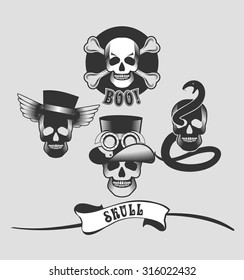 Set of halloween skull emblems, labels and designed elements in the style of steam punk